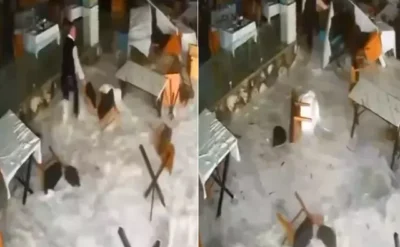 Dev dalgalar az daha koca restoranı alıp götürüyordu