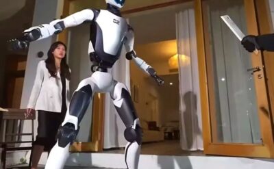 Bu da robot-bodyguard: Havada takla atıyor, bıçaklı saldırgana karşı duruyor